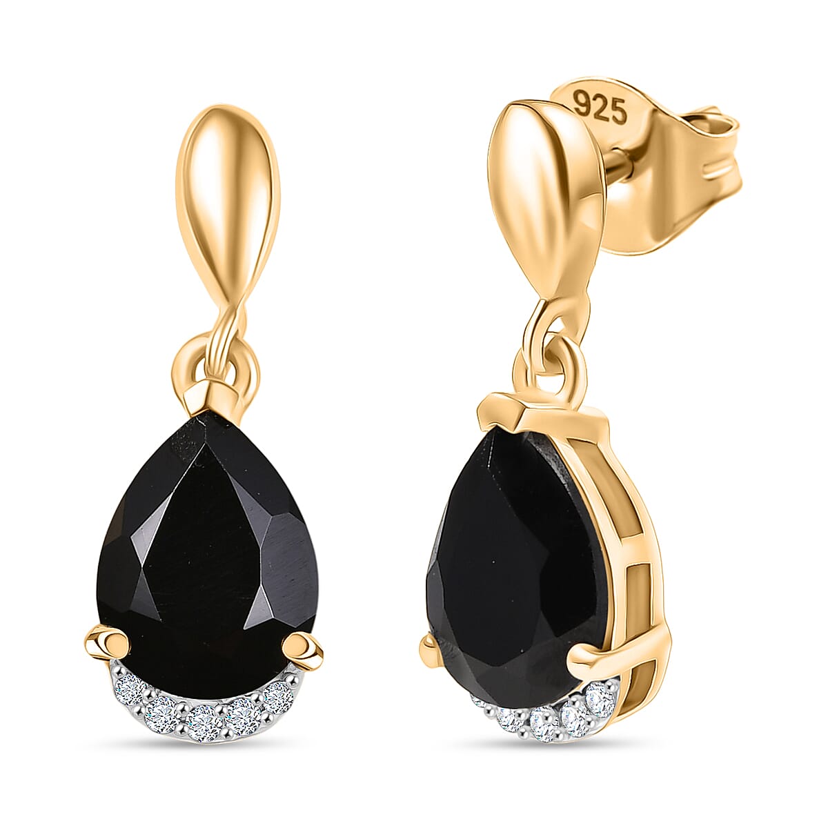 D'Joy Natural Thai Black Spinel & White Zircon Stud Push Post Earring in 18K Yellow Gold Plating Sterling Silver 2.98 Ct.