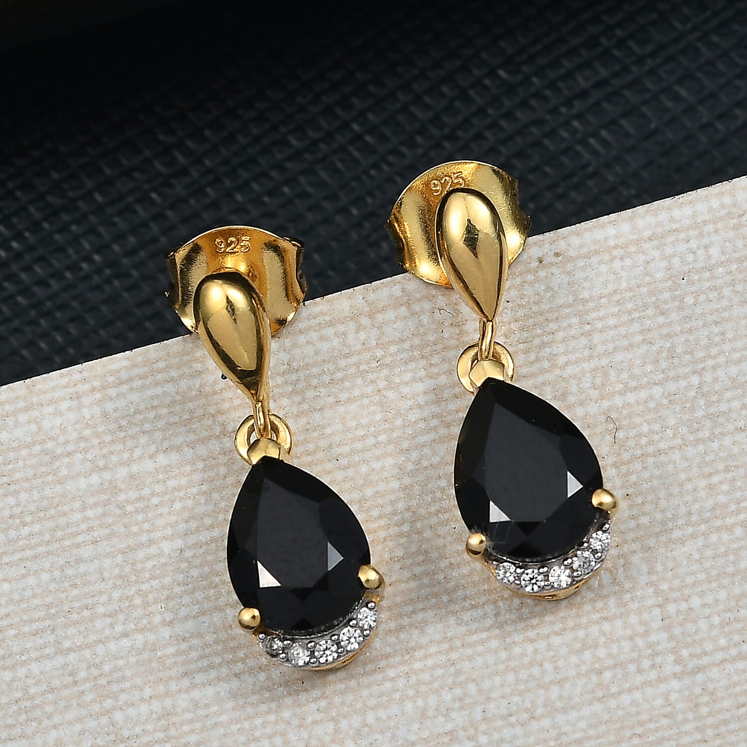 D'Joy Natural Thai Black Spinel & White Zircon Stud Push Post Earring in 18K Yellow Gold Plating Sterling Silver 2.98 Ct.