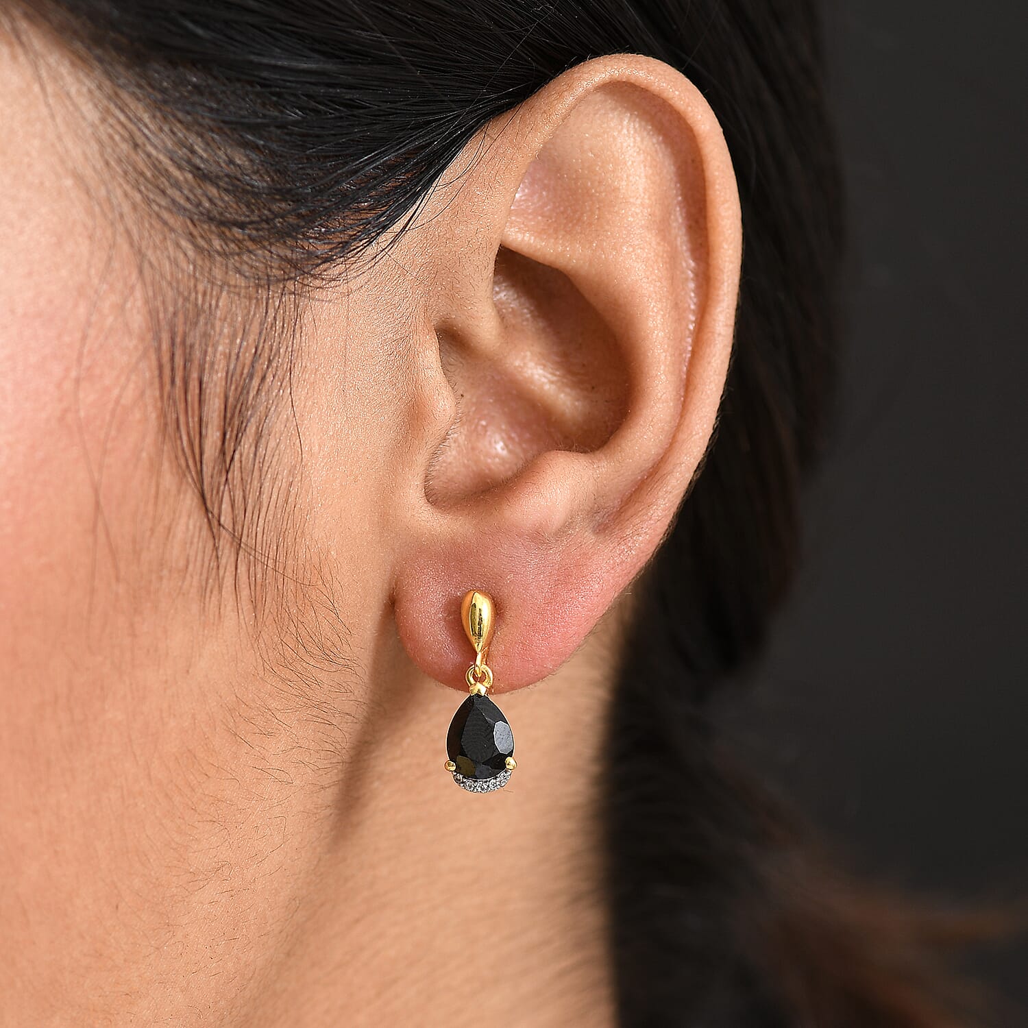 D'Joy Natural Thai Black Spinel & White Zircon Stud Push Post Earring in 18K Yellow Gold Plating Sterling Silver 2.98 Ct.