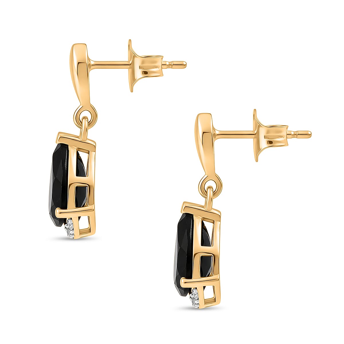 D'Joy Natural Thai Black Spinel & White Zircon Stud Push Post Earring in 18K Yellow Gold Plating Sterling Silver 2.98 Ct.