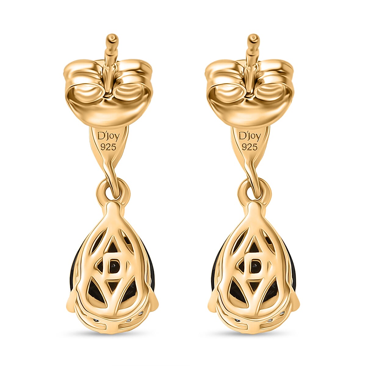 D'Joy Natural Thai Black Spinel & White Zircon Stud Push Post Earring in 18K Yellow Gold Plating Sterling Silver 2.98 Ct.