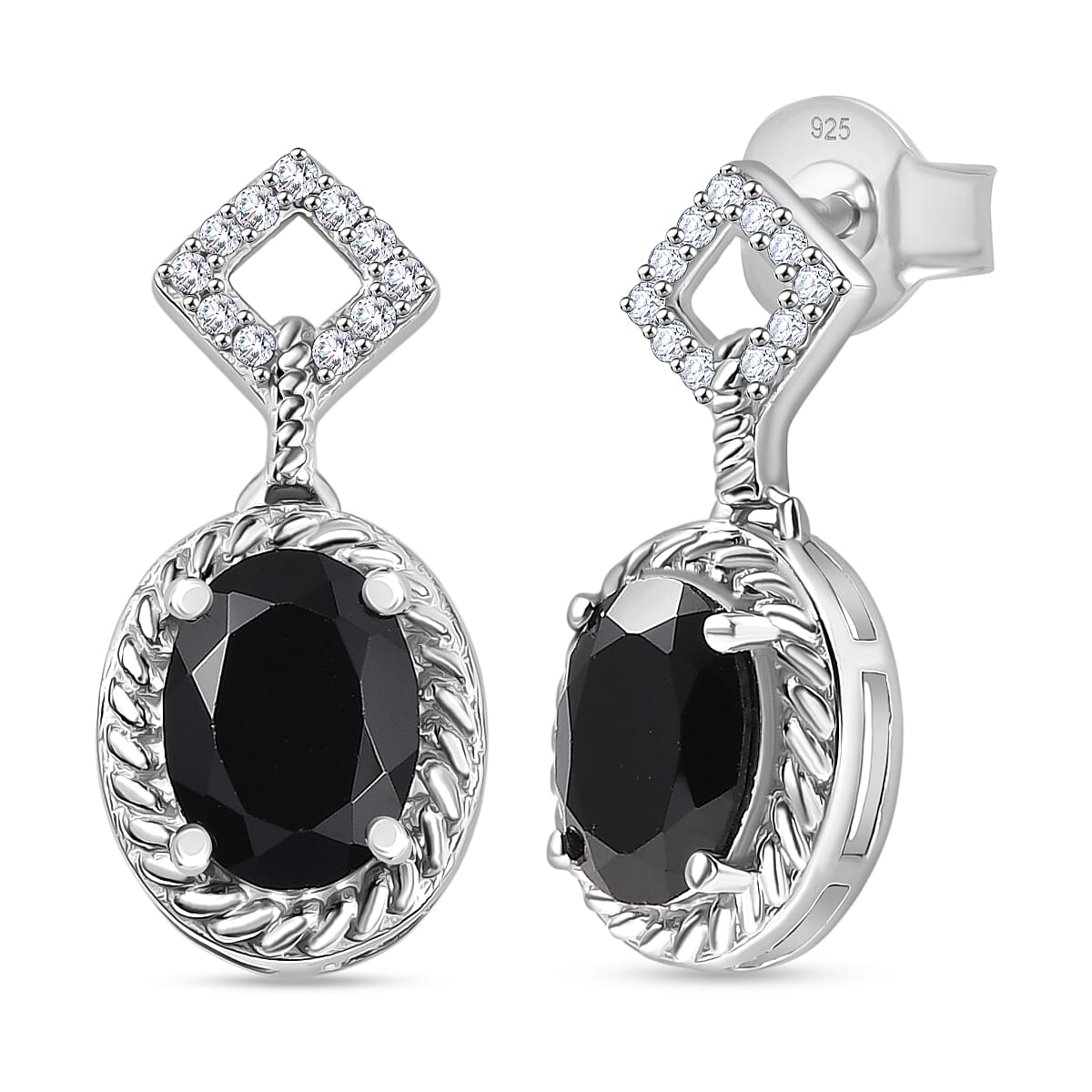 D'Joy Natural Thai Black Spinel & White Zircon Dangling Earring in Platinum Overlay Sterling Silver 3.35 Ct.