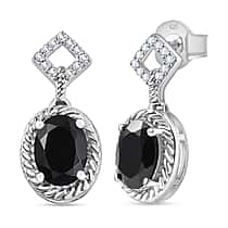 D'Joy Natural Thai Black Spinel & White Zircon Dangling Earring in Platinum Overlay Sterling Silver 3.35 Ct.