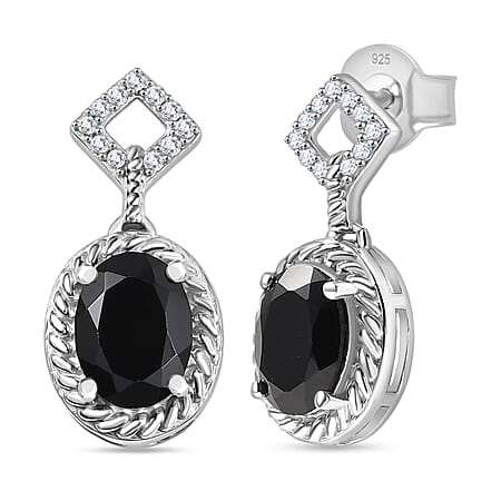 D'Joy Natural Thai Black Spinel & White Zircon Dangling Earring in Platinum Overlay Sterling Silver 3.35 Ct.