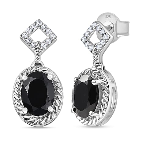 D'Joy Natural Thai Black Spinel & White Zircon Dangling Earring in Platinum Overlay Sterling Silver 3.35 Ct.