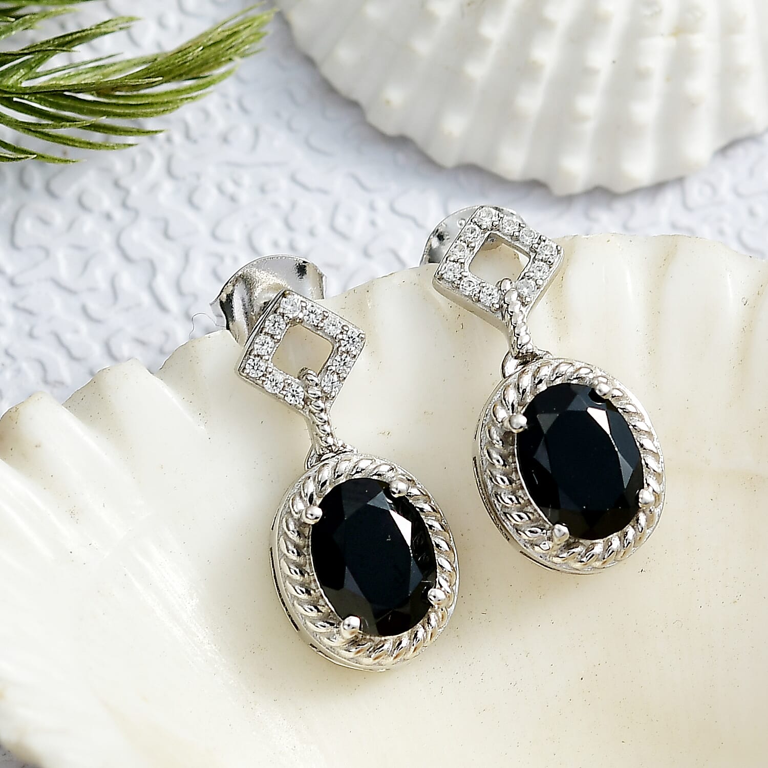 D'Joy Natural Thai Black Spinel & White Zircon Dangling Earring in Platinum Overlay Sterling Silver 3.35 Ct.