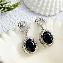 D'Joy Natural Thai Black Spinel & White Zircon Dangling Earring in Platinum Overlay Sterling Silver 3.35 Ct.