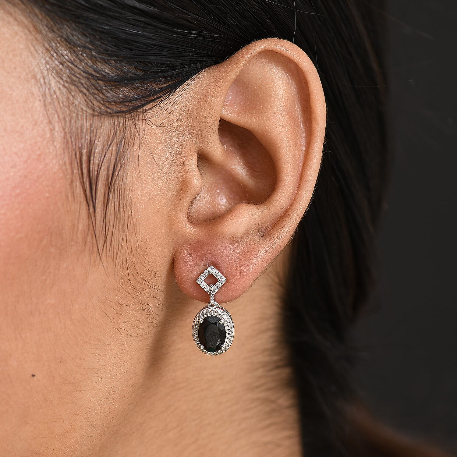D'Joy Natural Thai Black Spinel & White Zircon Dangling Earring in Platinum Overlay Sterling Silver 3.35 Ct.