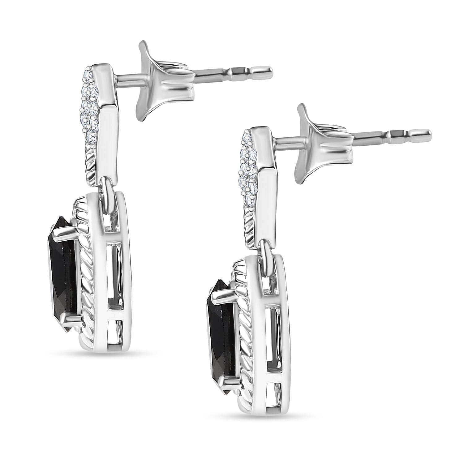 D'Joy Natural Thai Black Spinel & White Zircon Dangling Earring in Platinum Overlay Sterling Silver 3.35 Ct.