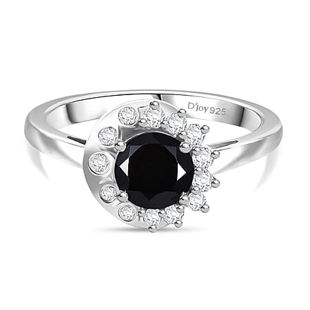 D'Joy Natural Thai Black Spinel & White Zircon Ring in Platinum Overlay Sterling Silver 1.30 Ct.