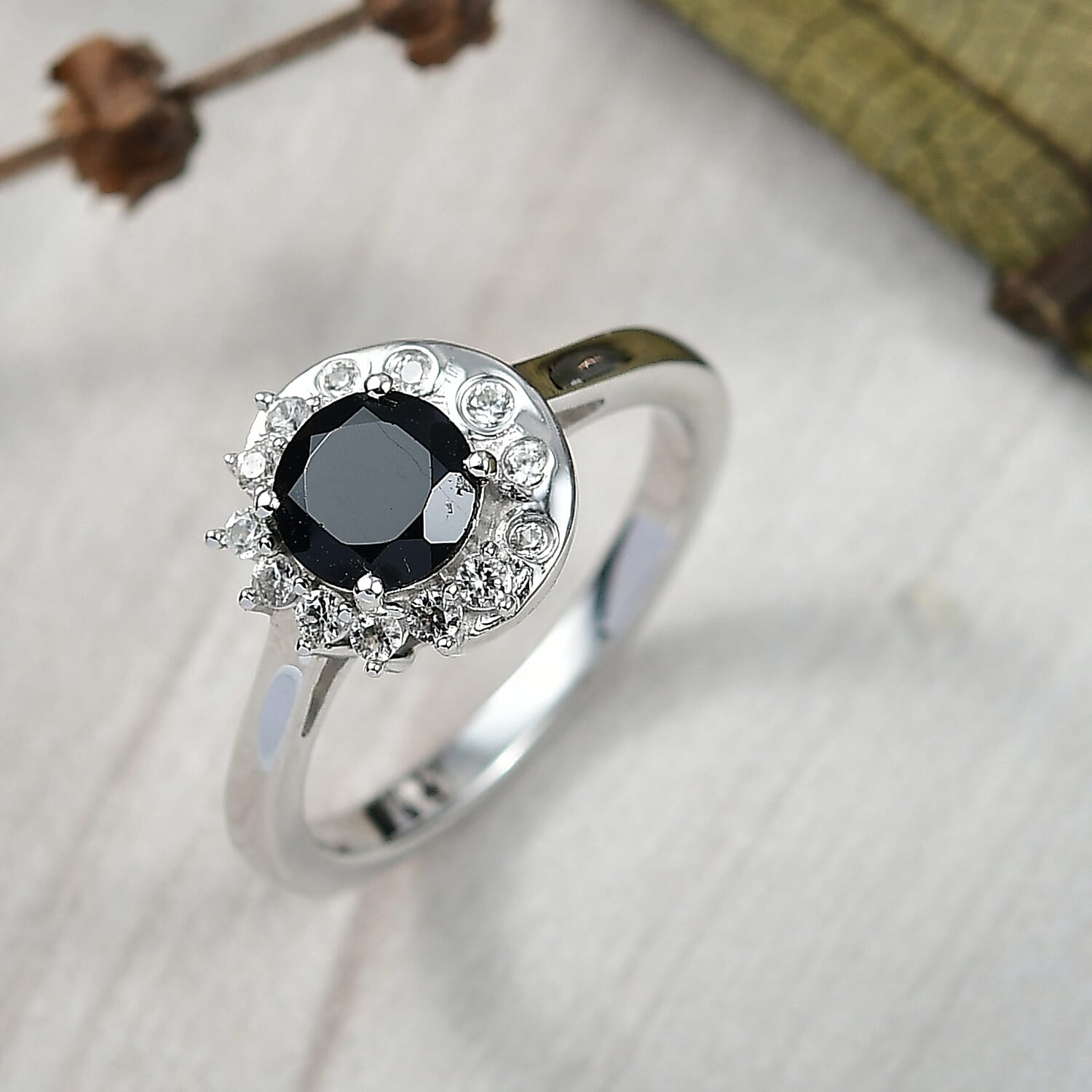D'Joy Natural Thai Black Spinel & White Zircon Ring in Platinum Overlay Sterling Silver 1.30 Ct.
