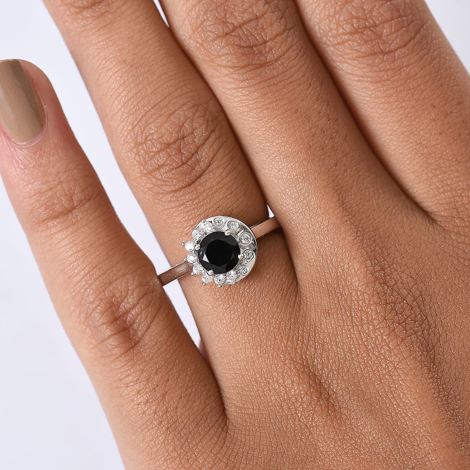 D'Joy Natural Thai Black Spinel & White Zircon Ring in Platinum Overlay Sterling Silver 1.30 Ct.