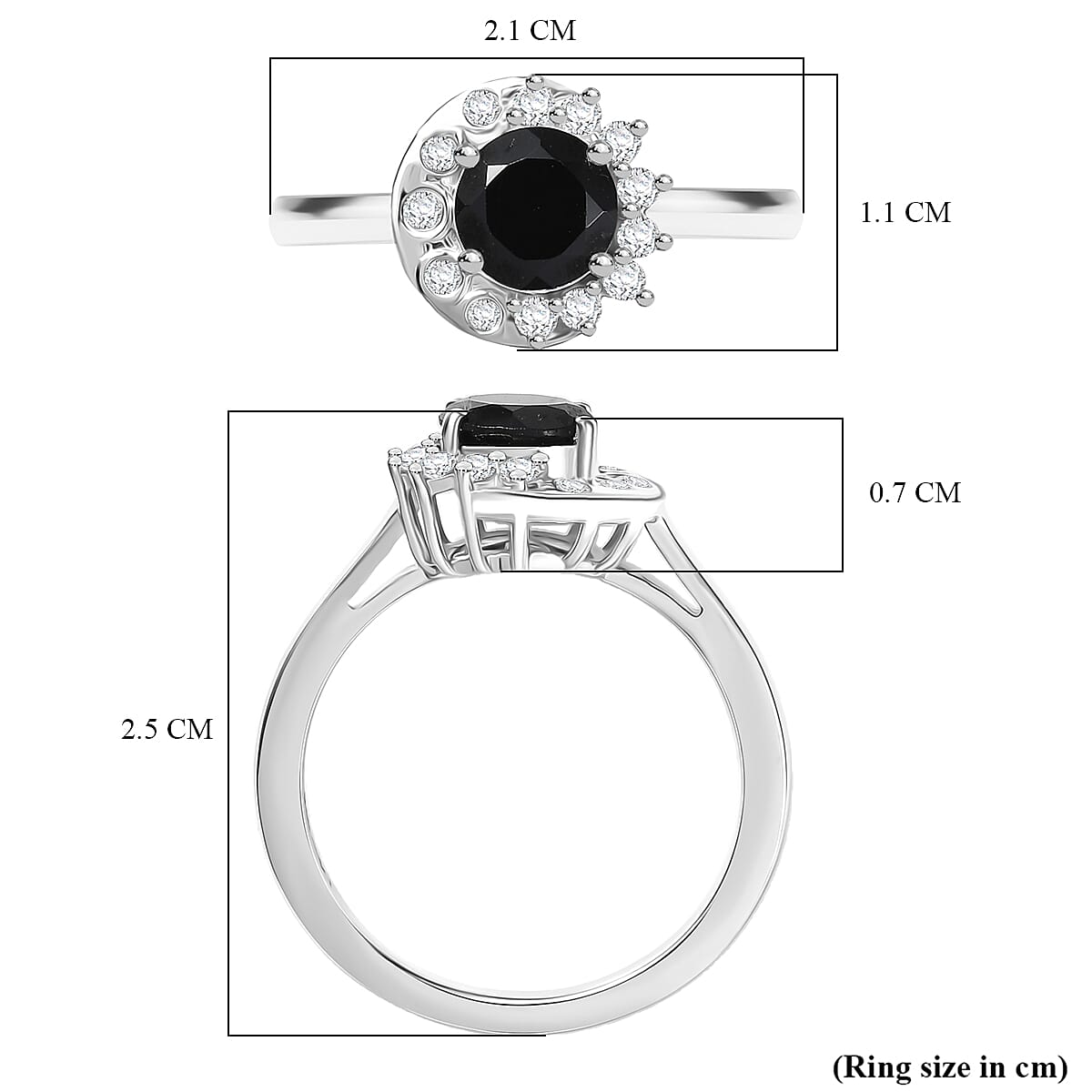 D'Joy Natural Thai Black Spinel & White Zircon Ring in Platinum Overlay Sterling Silver 1.30 Ct.