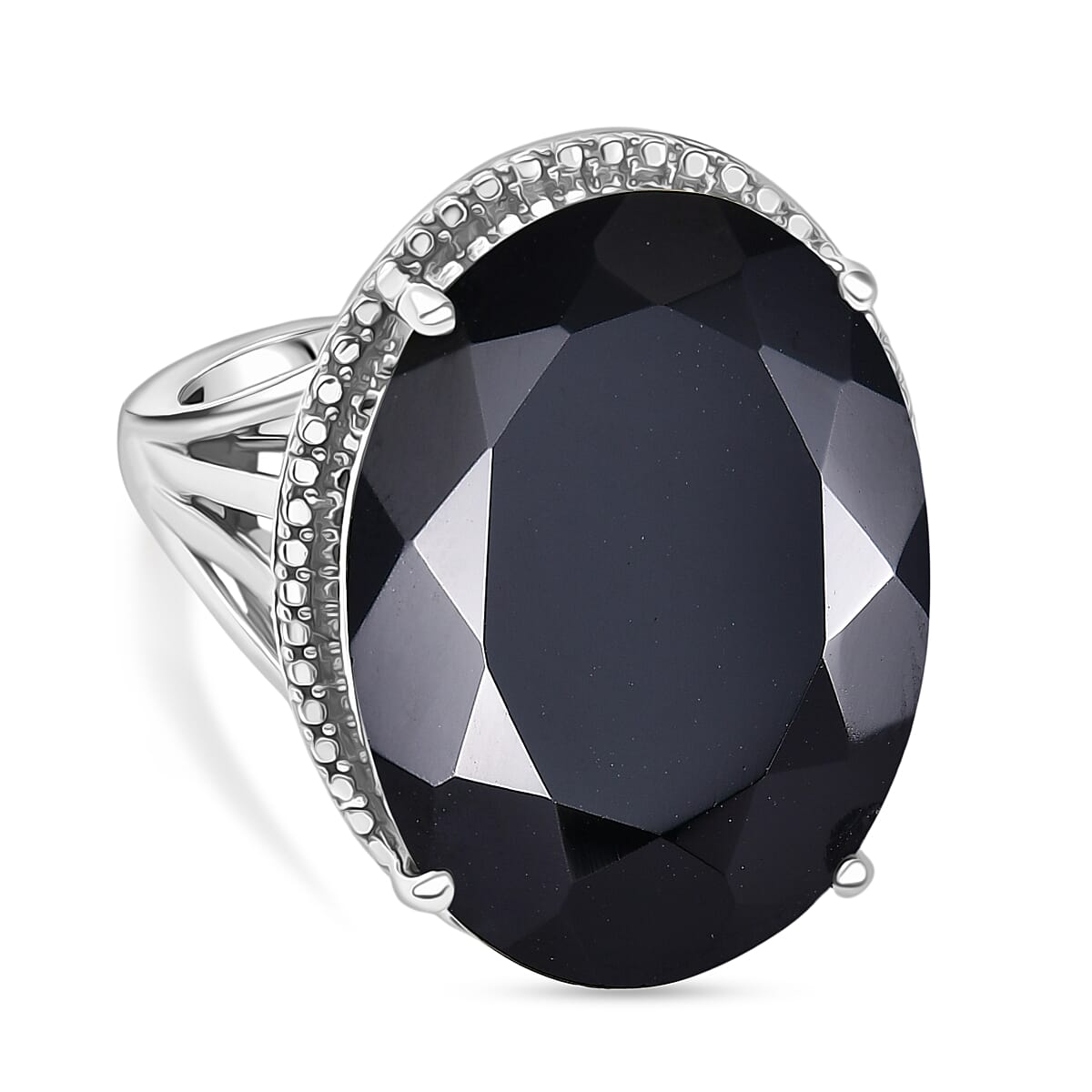 D'Joy Natural Thai Black Spinel Dome Ring in Platinum Overlay Sterling Silver 34.36 Ct, Silver Wt. 5.95 Gms.