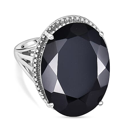 D'Joy Natural Thai Black Spinel Dome Ring in Platinum Overlay Sterling Silver 34.36 Ct, Silver Wt. 5.95 Gms.