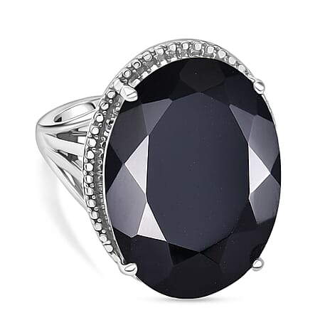 D'Joy Natural Thai Black Spinel Dome Ring in Platinum Overlay Sterling Silver 34.36 Ct, Silver Wt. 5.95 Gms.