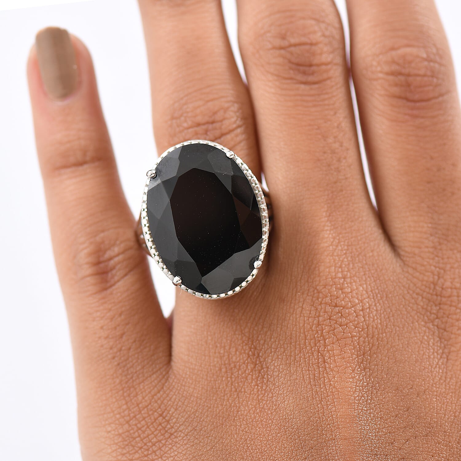 D'Joy Natural Thai Black Spinel Dome Ring in Platinum Overlay Sterling Silver 34.36 Ct, Silver Wt. 5.95 Gms.