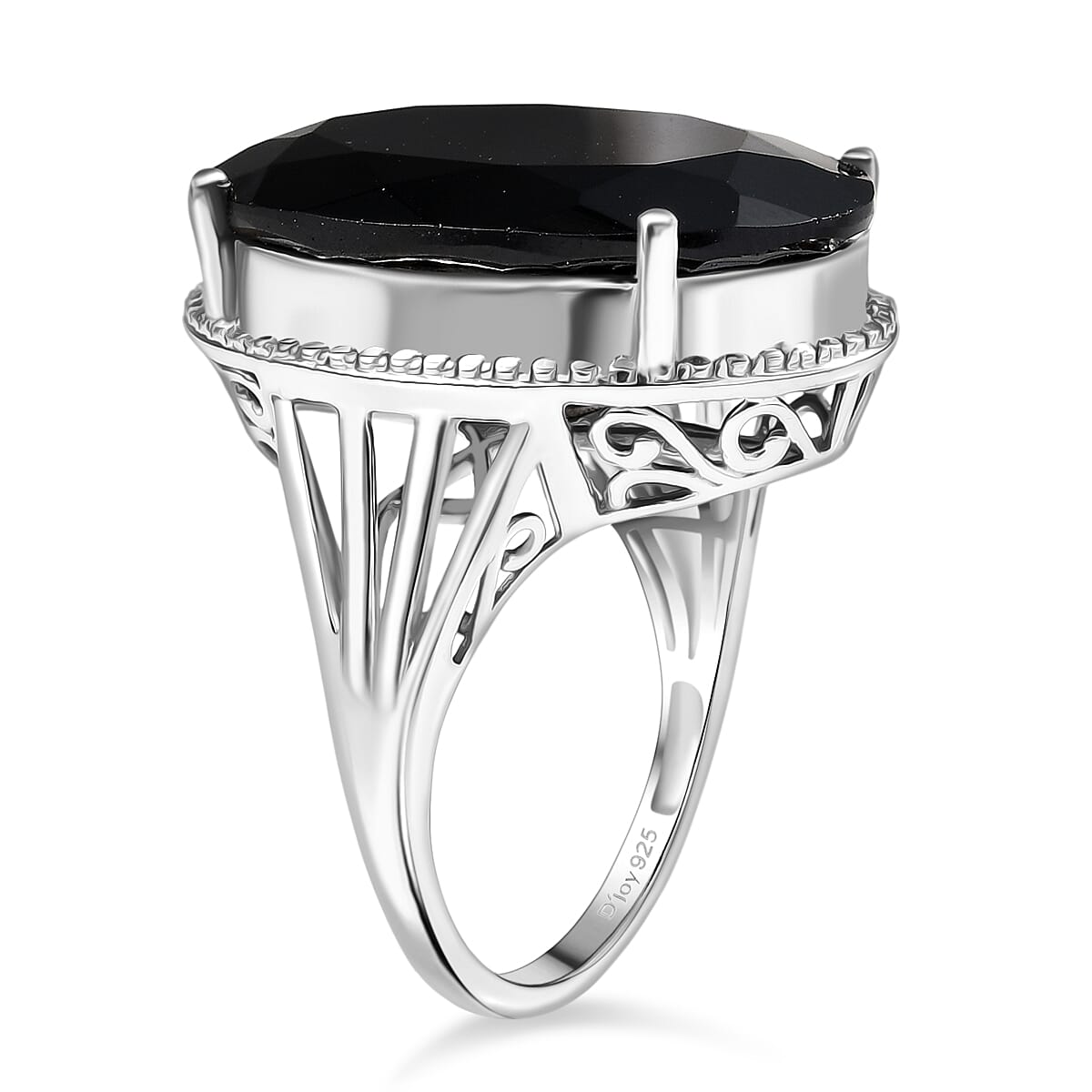 D'Joy Natural Thai Black Spinel Dome Ring in Platinum Overlay Sterling Silver 34.36 Ct, Silver Wt. 5.95 Gms.