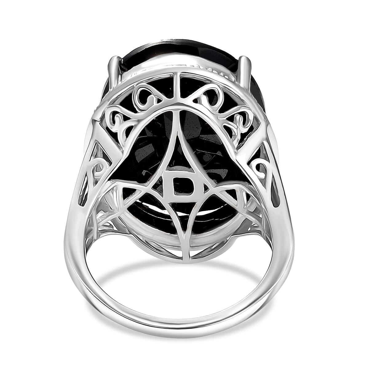 D'Joy Natural Thai Black Spinel Dome Ring in Platinum Overlay Sterling Silver 34.36 Ct, Silver Wt. 5.95 Gms.