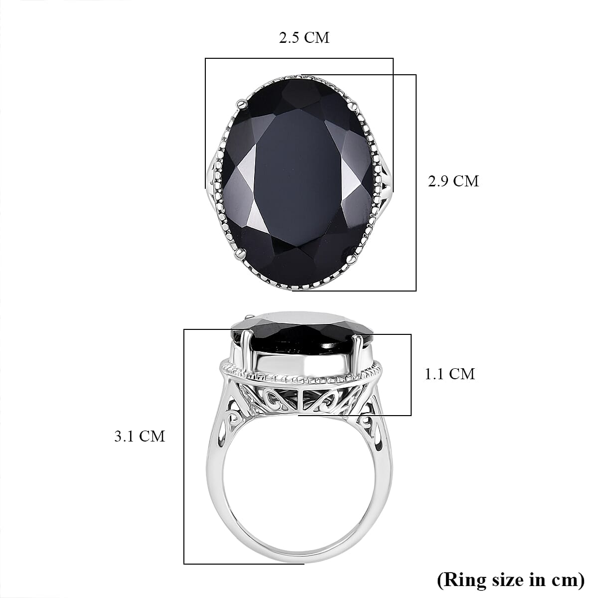 D'Joy Natural Thai Black Spinel Dome Ring in Platinum Overlay Sterling Silver 34.36 Ct, Silver Wt. 5.95 Gms.
