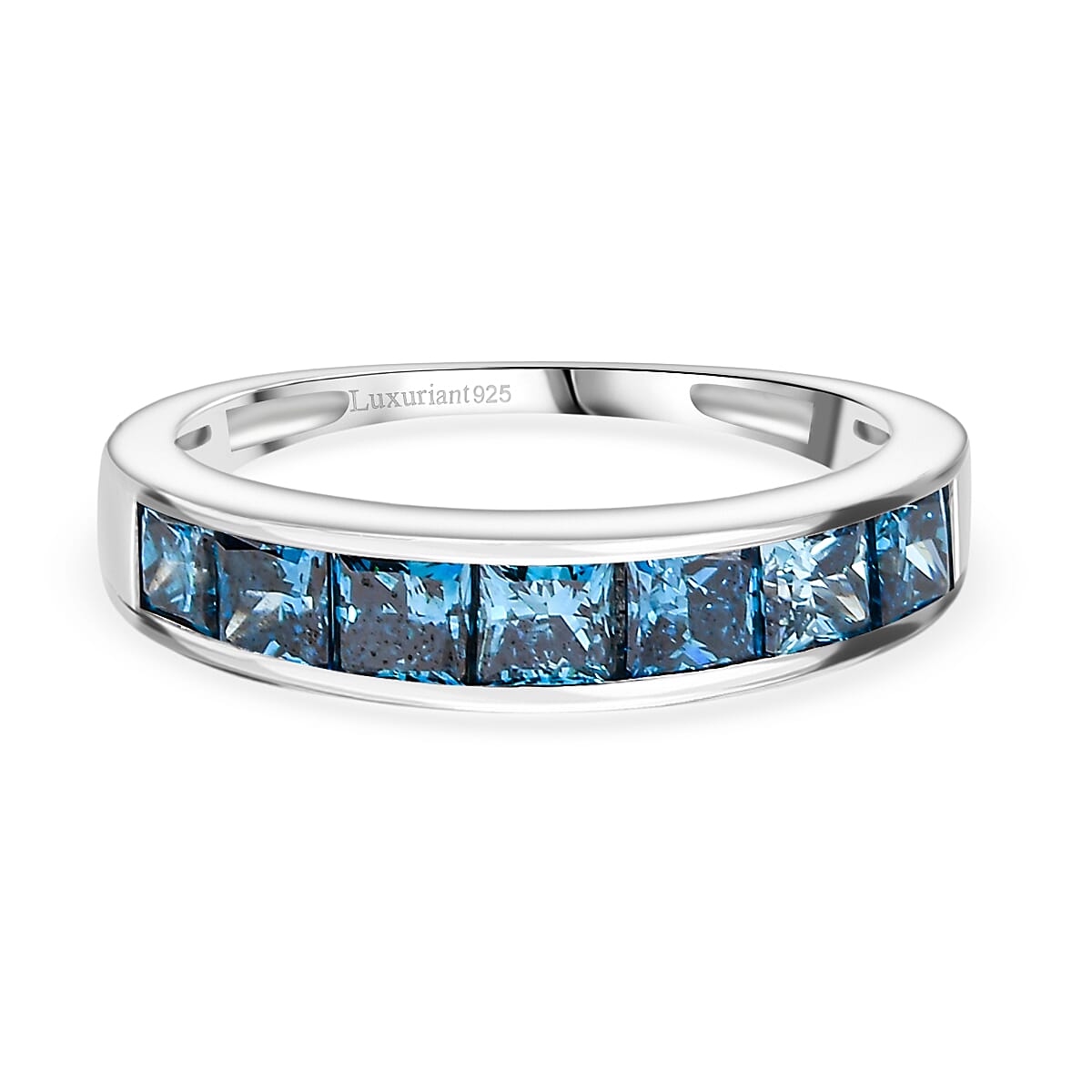 Luxuriant Lab Grown Blue Diamond Band Ring in Rhodium Overlay Sterling Silver 1.49 Ct.