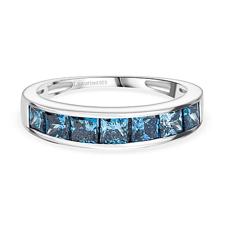 LUXURIANT 1.50 Ct. Lab Grown Blue Diamond Half Eternity Ring in Rhodium Overlay Sterling Silver