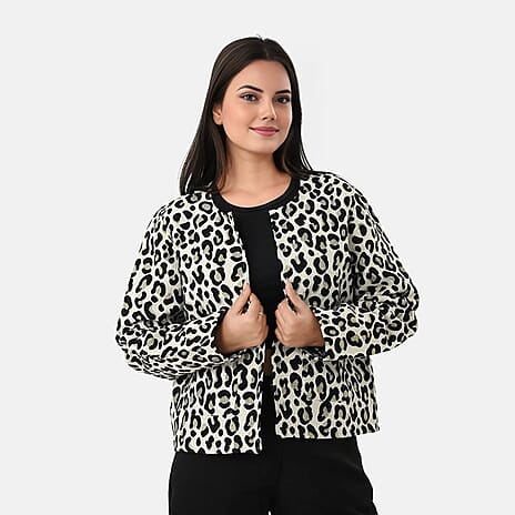 - Maisi Leopard Print Cotton Jacquard Jacket (Size S-M) - Off-White, Black and Gold