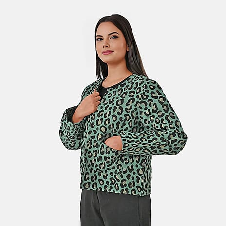 THE SHOWSTOPPER - Designer Inspired - Maisi Leopard Print Cotton Jacquard Jacket (Size - S-M) - Teal