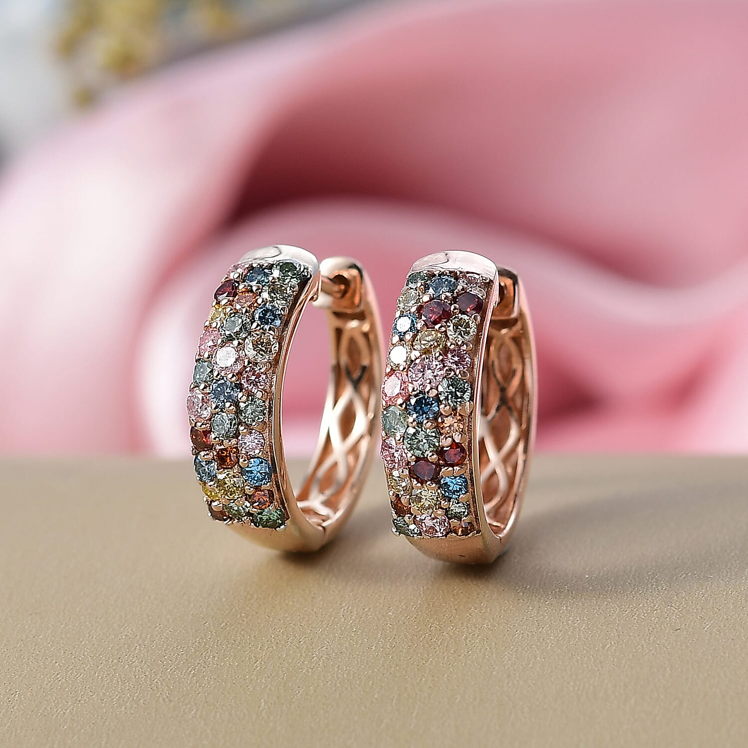 Luxuriant Lab Grown Green Diamond (SI-GH) & Multi Gemstones Full Hoop Earring in 18K Vermeil Rose Gold Plated Sterling Silver 1.51 Ct.