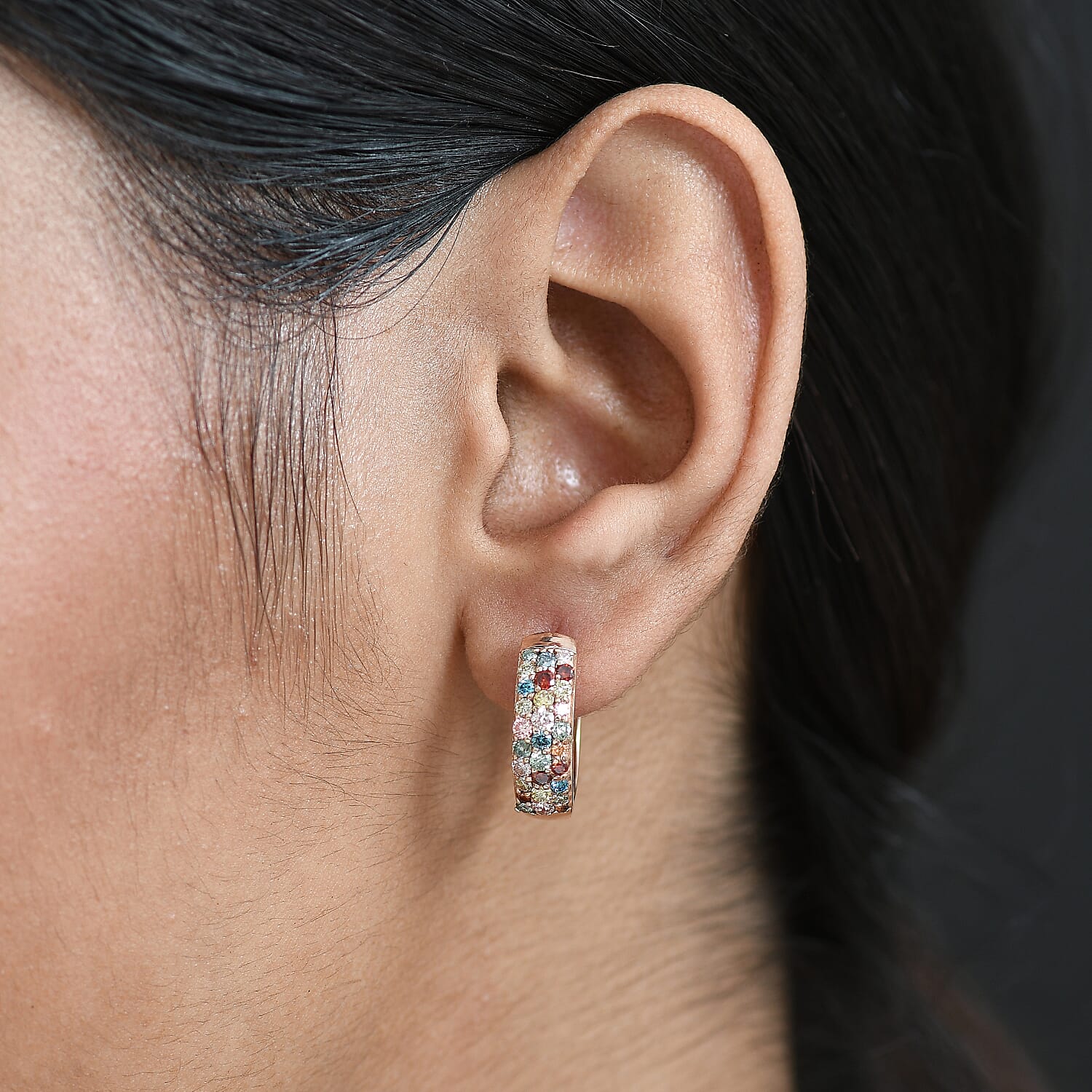 Luxuriant Lab Grown Green Diamond (SI-GH) & Multi Gemstones Full Hoop Earring in 18K Vermeil Rose Gold Plated Sterling Silver 1.51 Ct.