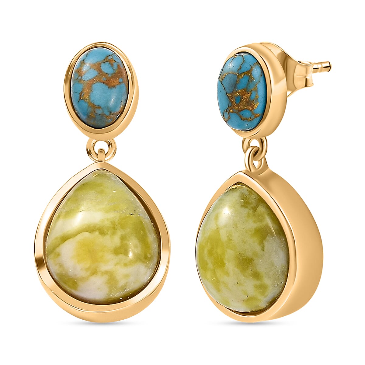EverTrue Connemara Marble & Blue Turquoise Solitaire Stud Push Post Earring in Yellow Gold Tone 11.07 Ct.