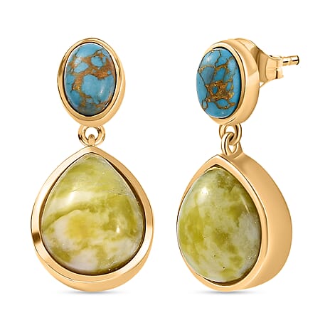 EverTrue Connemara Marble & Blue Turquoise Solitaire Stud Push Post Earring in Yellow Gold Tone 11.07 Ct.
