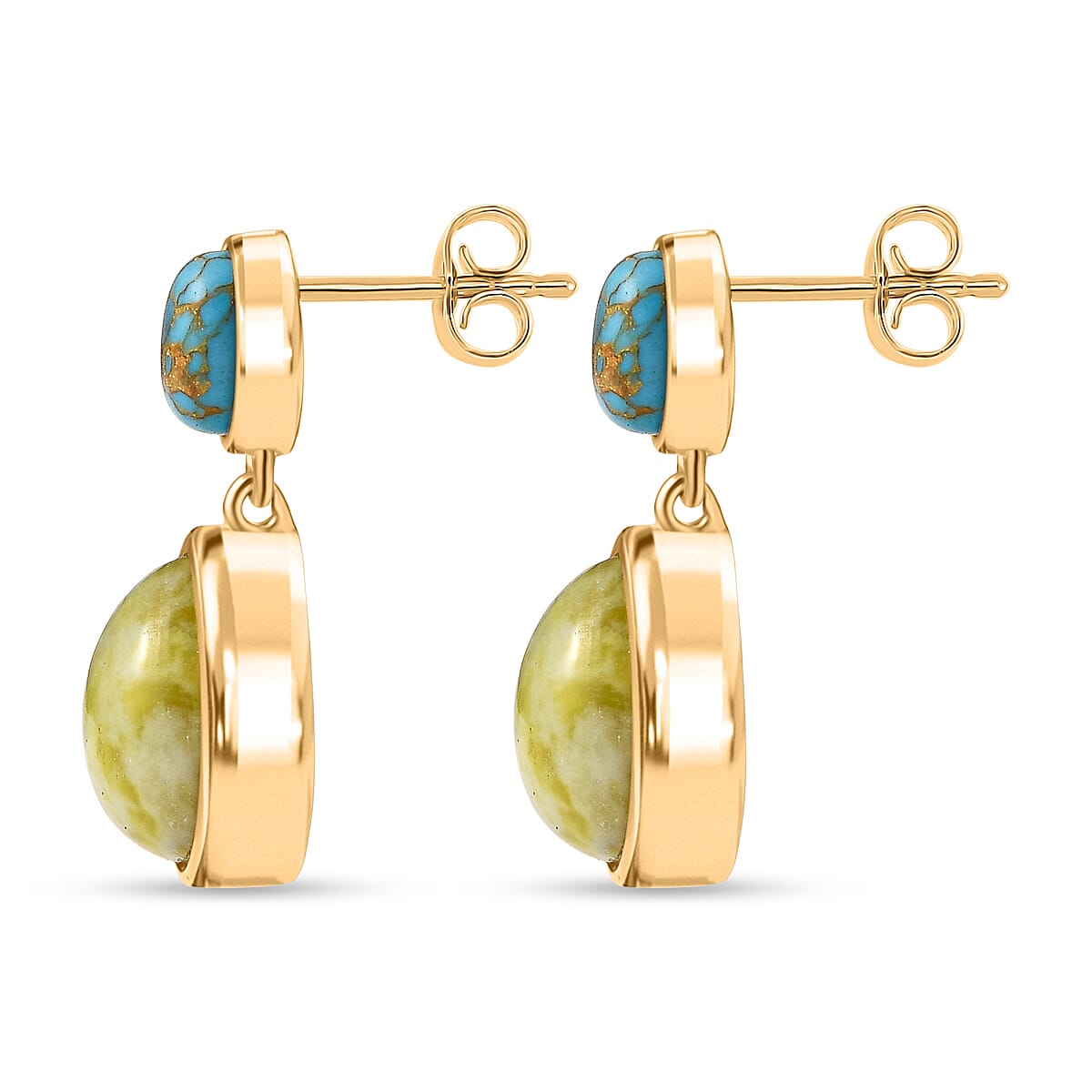EverTrue Connemara Marble & Blue Turquoise Solitaire Stud Push Post Earring in Yellow Gold Tone 11.07 Ct.
