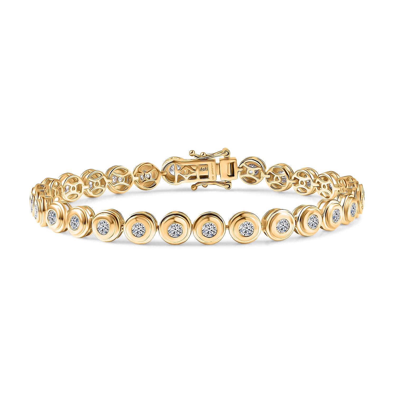 Luxuriant Lab Grown Diamond (SI-GH) Line Bracelet 1 Row (Size 7.5) with GB Lock Box in 18K Vermeil Yellow Gold Plated Sterling Silver 4.05 Ct, Silver Wt. 15.07 Gms.