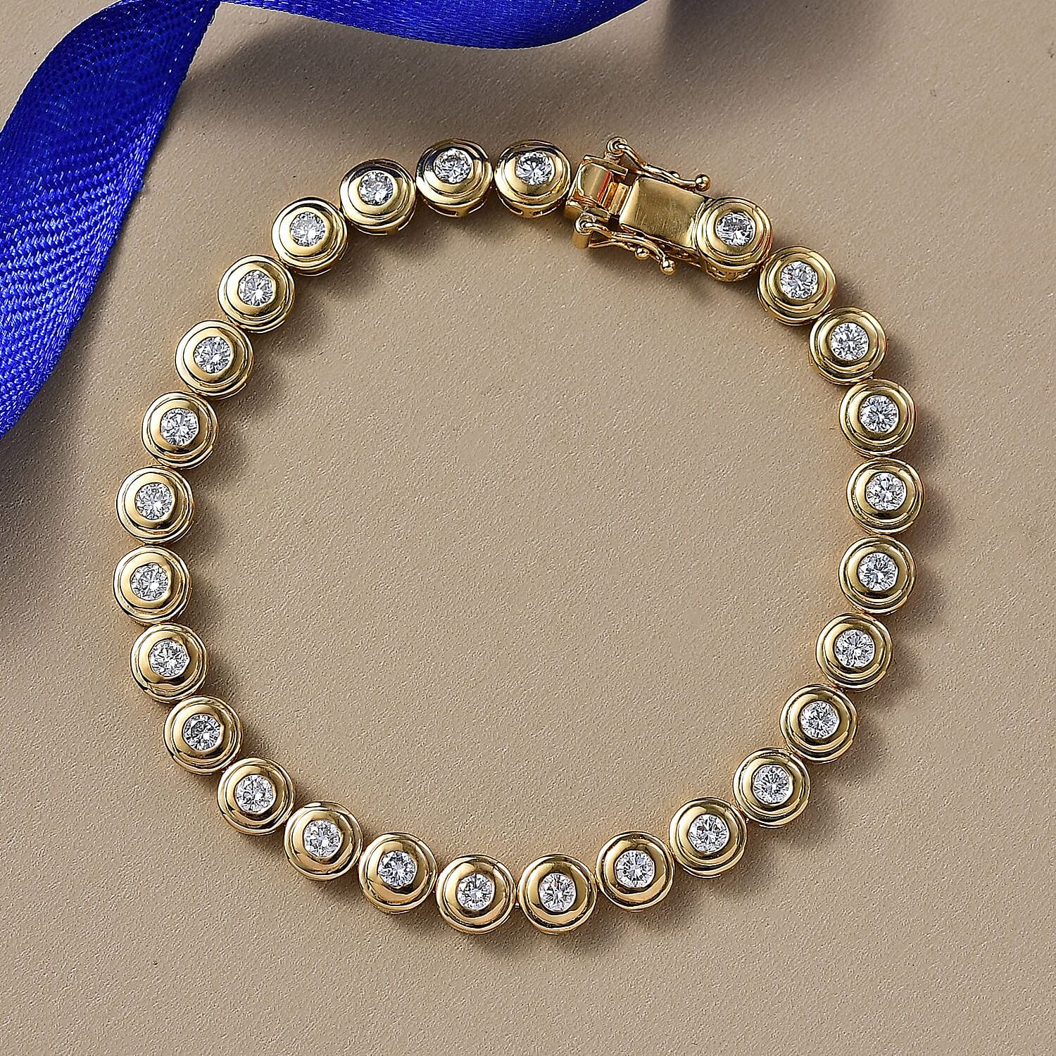 Luxuriant Lab Grown Diamond (SI-GH) Line Bracelet 1 Row (Size 7.5) with GB Lock Box in 18K Vermeil Yellow Gold Plated Sterling Silver 4.05 Ct, Silver Wt. 15.07 Gms.