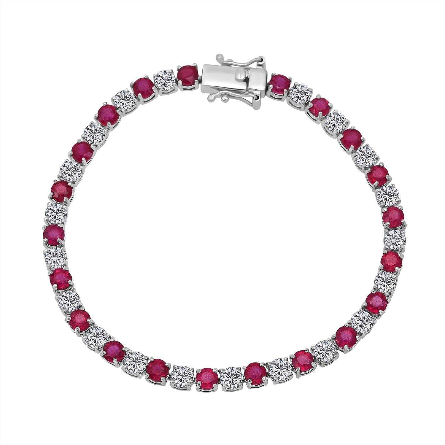 D'Joy African Ruby & Moissanite Bracelet (Size 7.5) in Rhodium Overlay Sterling Silver 13.47 Ct, Silver Wt. 8.00 Gms.