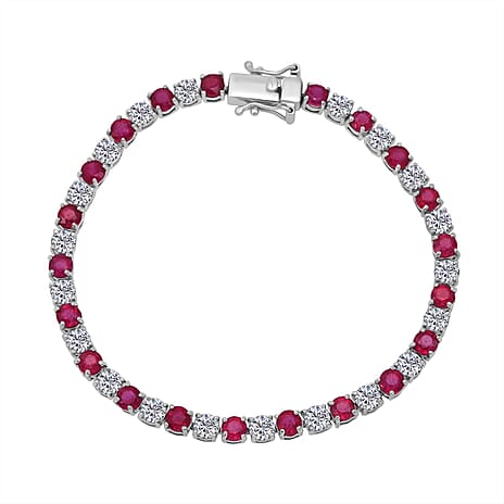 D'Joy African Ruby & Moissanite Bracelet (Size 7.5) in Rhodium Overlay Sterling Silver 13.47 Ct, Silver Wt. 8.00 Gms.
