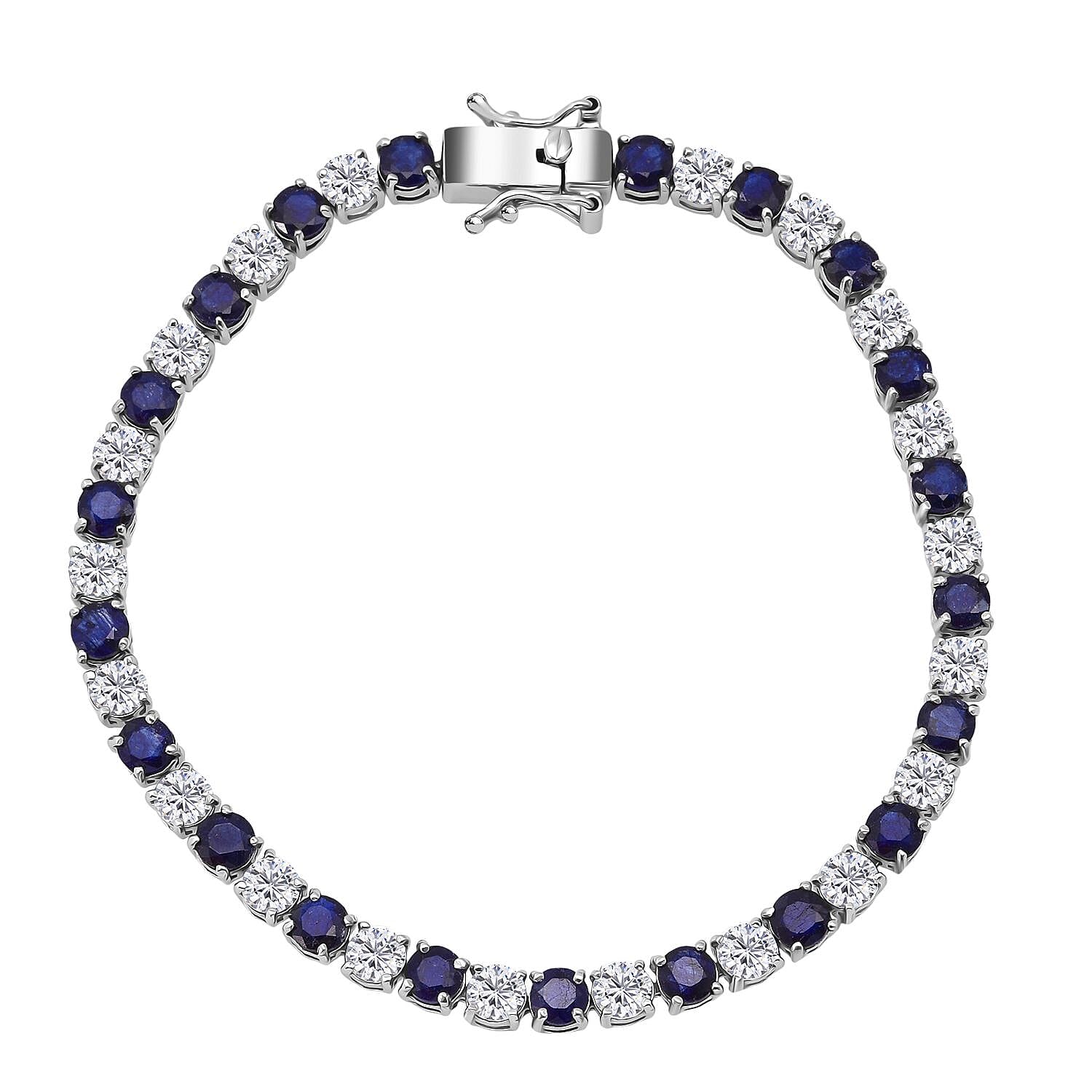 D'Joy Masoala Sapphire & Moissanite Bracelet (Size 7.5) in Rhodium Overlay Sterling Silver 12.70 Ct, Silver Wt. 8.10 Gms.