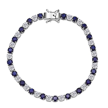 D'Joy Masoala Sapphire & Moissanite Bracelet (Size 7.5) in Rhodium Overlay Sterling Silver 12.70 Ct, Silver Wt. 8.10 Gms.