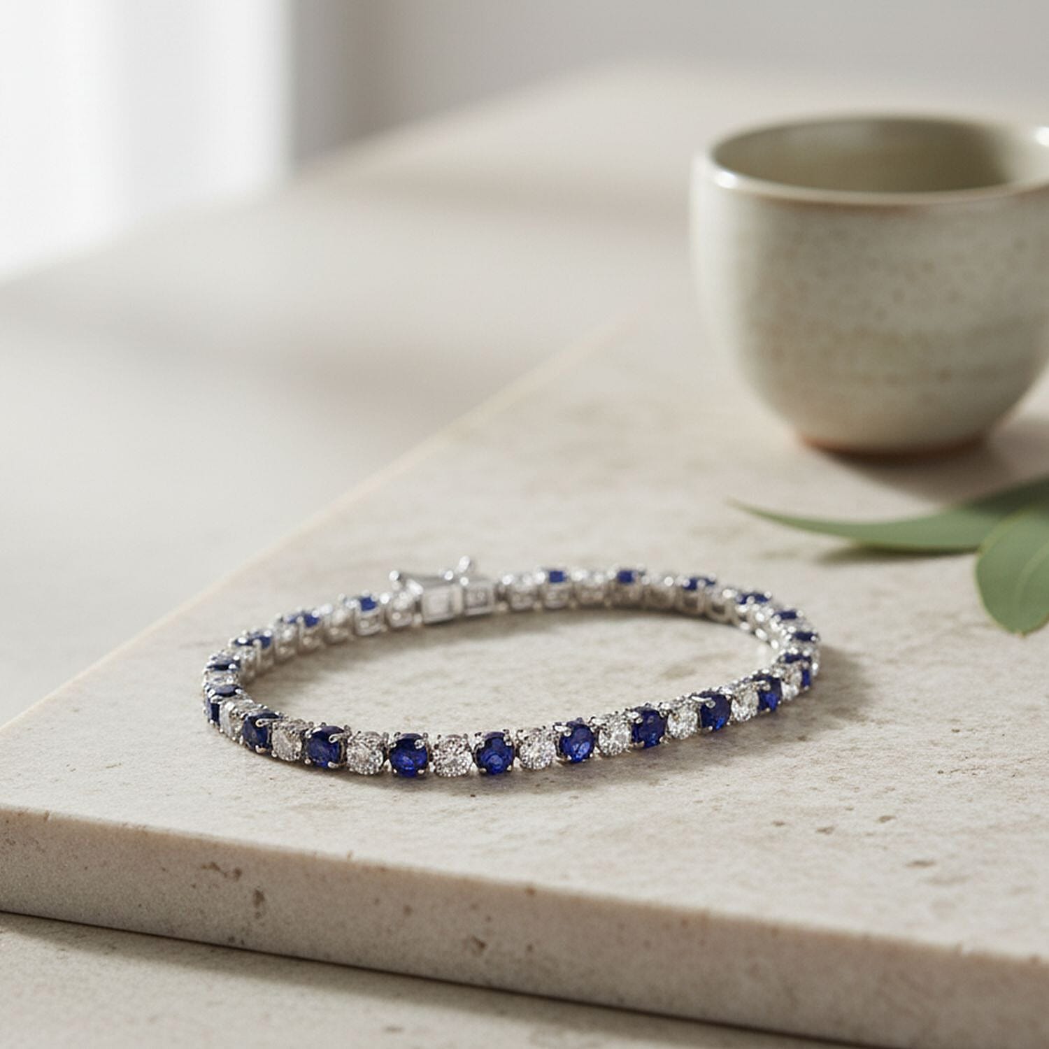 D'Joy Masoala Sapphire & Moissanite Bracelet (Size 7.5) in Rhodium Overlay Sterling Silver 12.70 Ct, Silver Wt. 8.10 Gms.