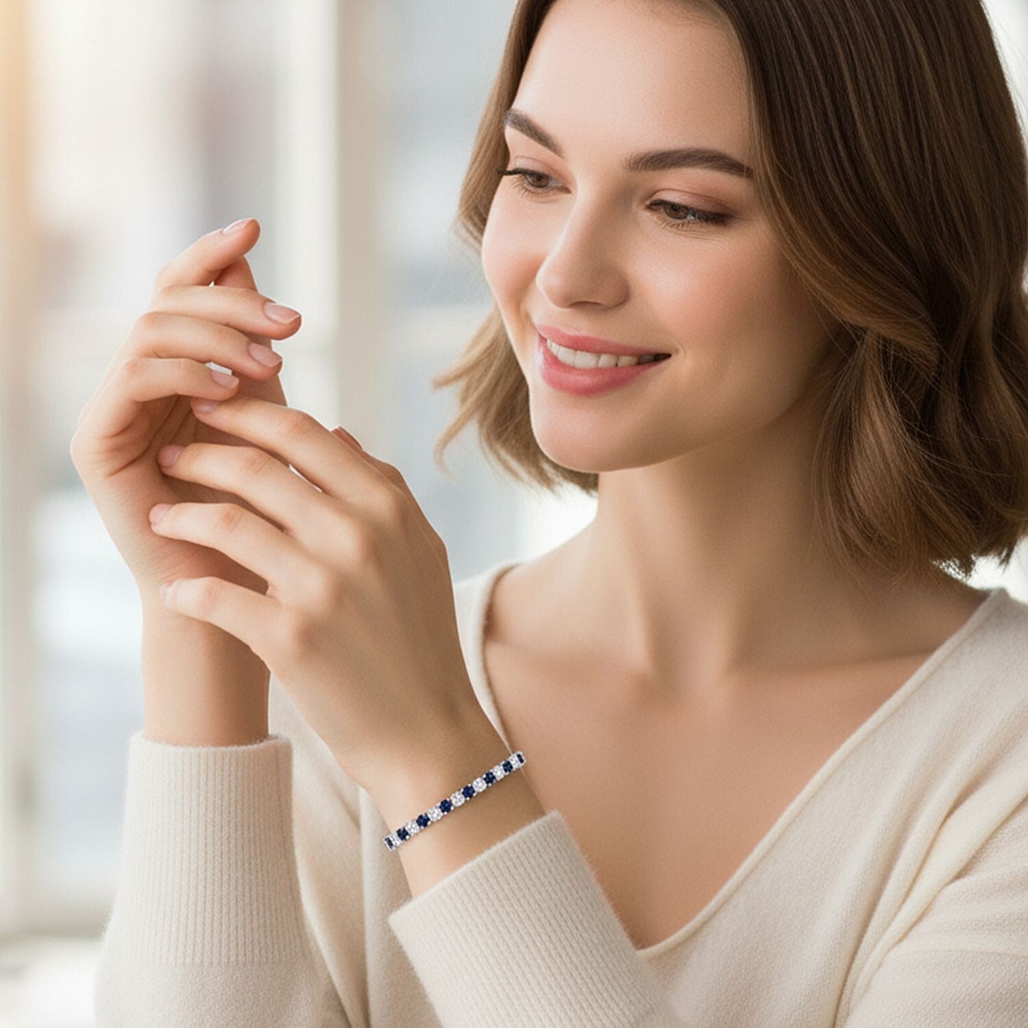 D'Joy Masoala Sapphire & Moissanite Bracelet (Size 7.5) in Rhodium Overlay Sterling Silver 12.70 Ct, Silver Wt. 8.10 Gms.