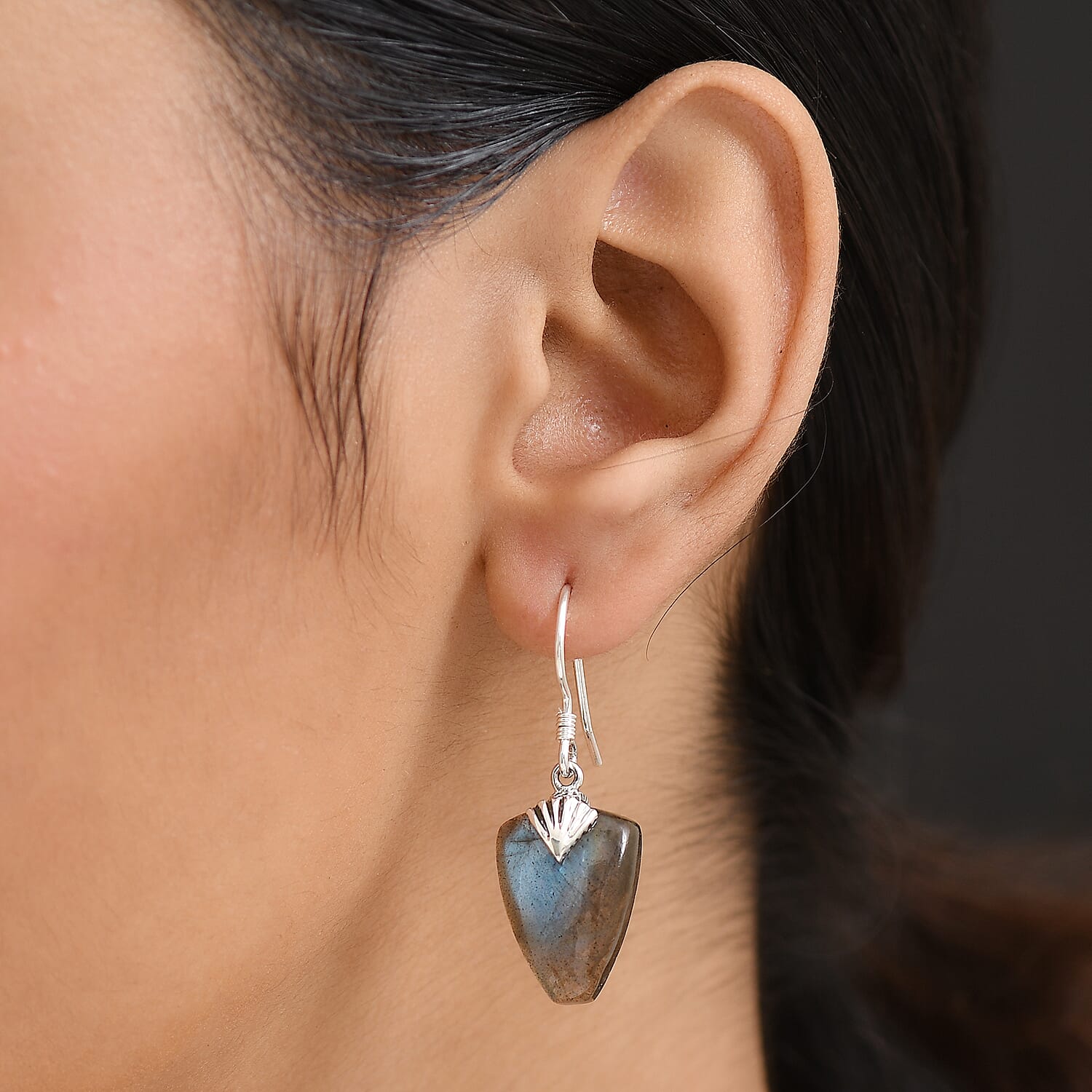 D'Joy Labradorite Earring with J Hook in Black Oxidised Sterling Silver 29.50 Ct.