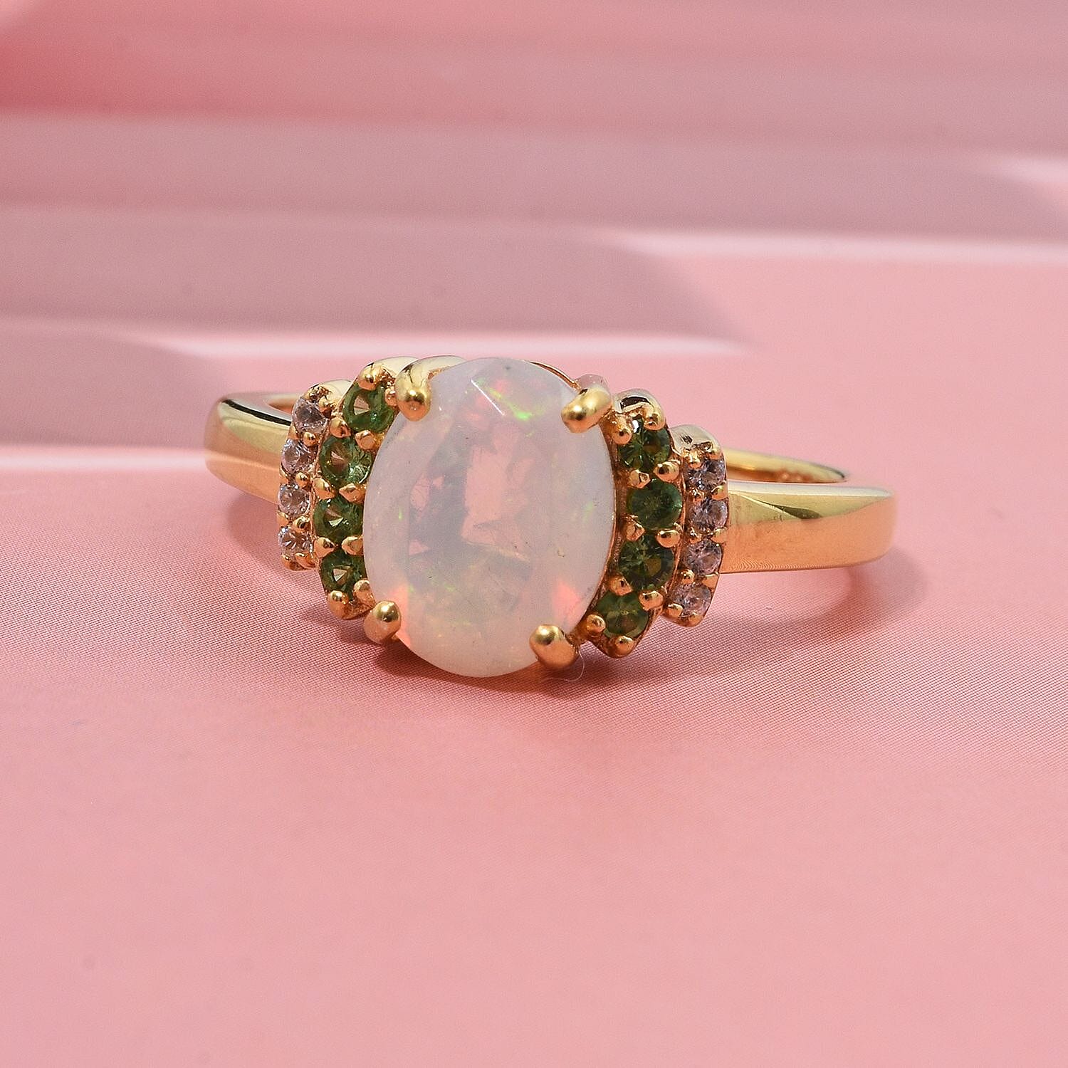 D'Joy Ethiopian Opal, Tsavorite Garnet & White Zircon Ring in 18K Yellow Gold Plated Sterling Silver 1.32 Ct.