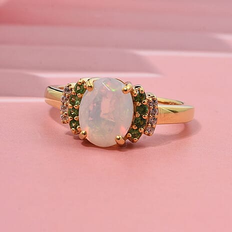 D'Joy Ethiopian Opal, Tsavorite Garnet & White Zircon Ring in 18K Yellow Gold Plated Sterling Silver 1.32 Ct.