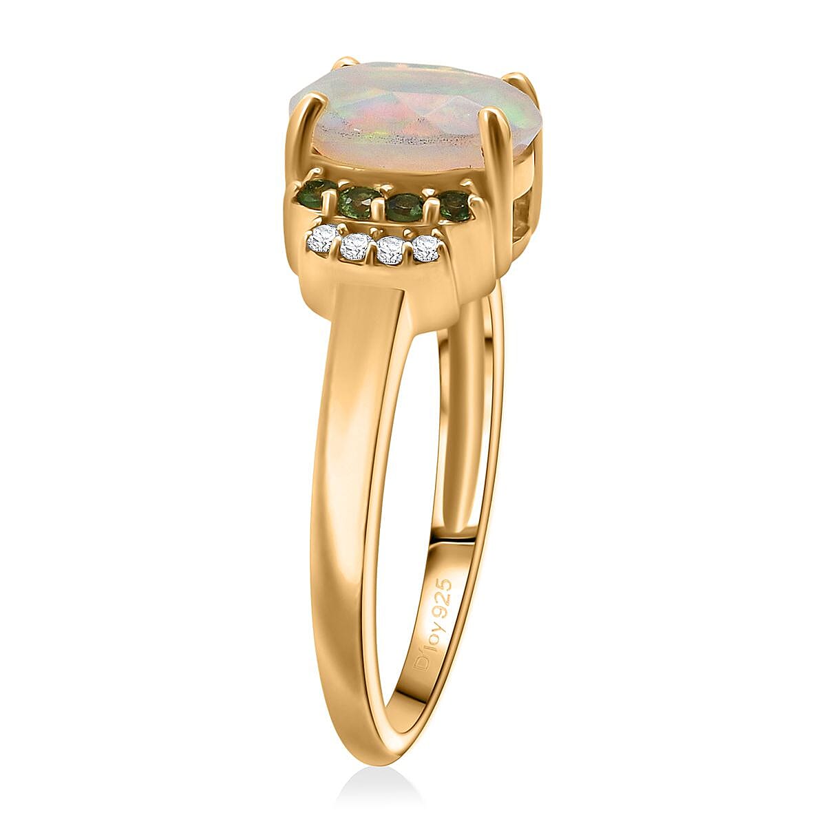D'Joy Ethiopian Opal, Tsavorite Garnet & White Zircon Ring in 18K Yellow Gold Plated Sterling Silver 1.32 Ct.