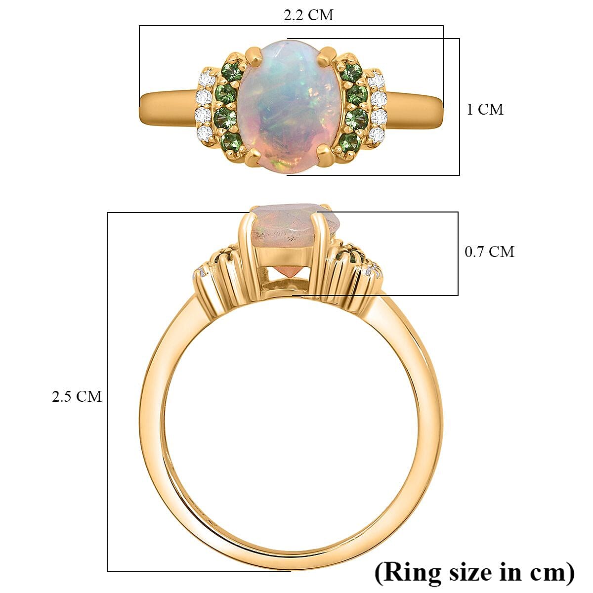 D'Joy Ethiopian Opal, Tsavorite Garnet & White Zircon Ring in 18K Yellow Gold Plated Sterling Silver 1.32 Ct.