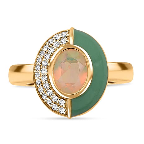 D'Joy Ethiopian Opal & White Zircon Ring in 18K Yellow Gold Plated Sterling Silver 1.05 Ct.