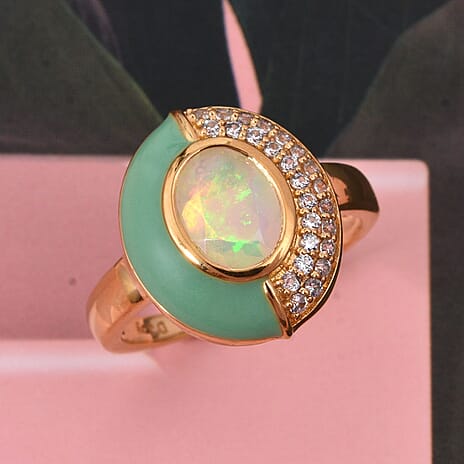 D'Joy Ethiopian Opal & White Zircon Ring in 18K Yellow Gold Plated Sterling Silver 1.05 Ct.