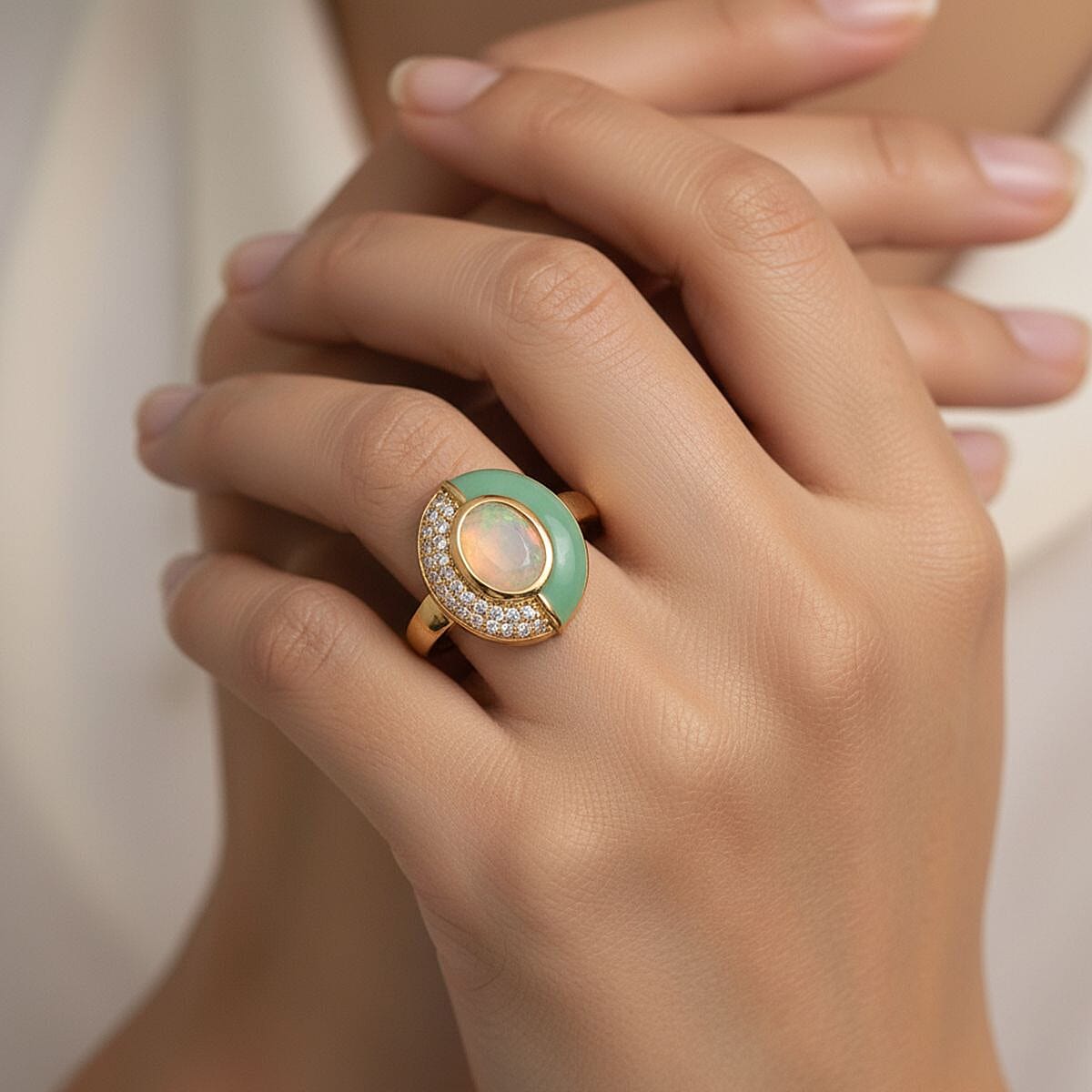 D'Joy Ethiopian Opal & White Zircon Ring in 18K Yellow Gold Plated Sterling Silver 1.05 Ct.