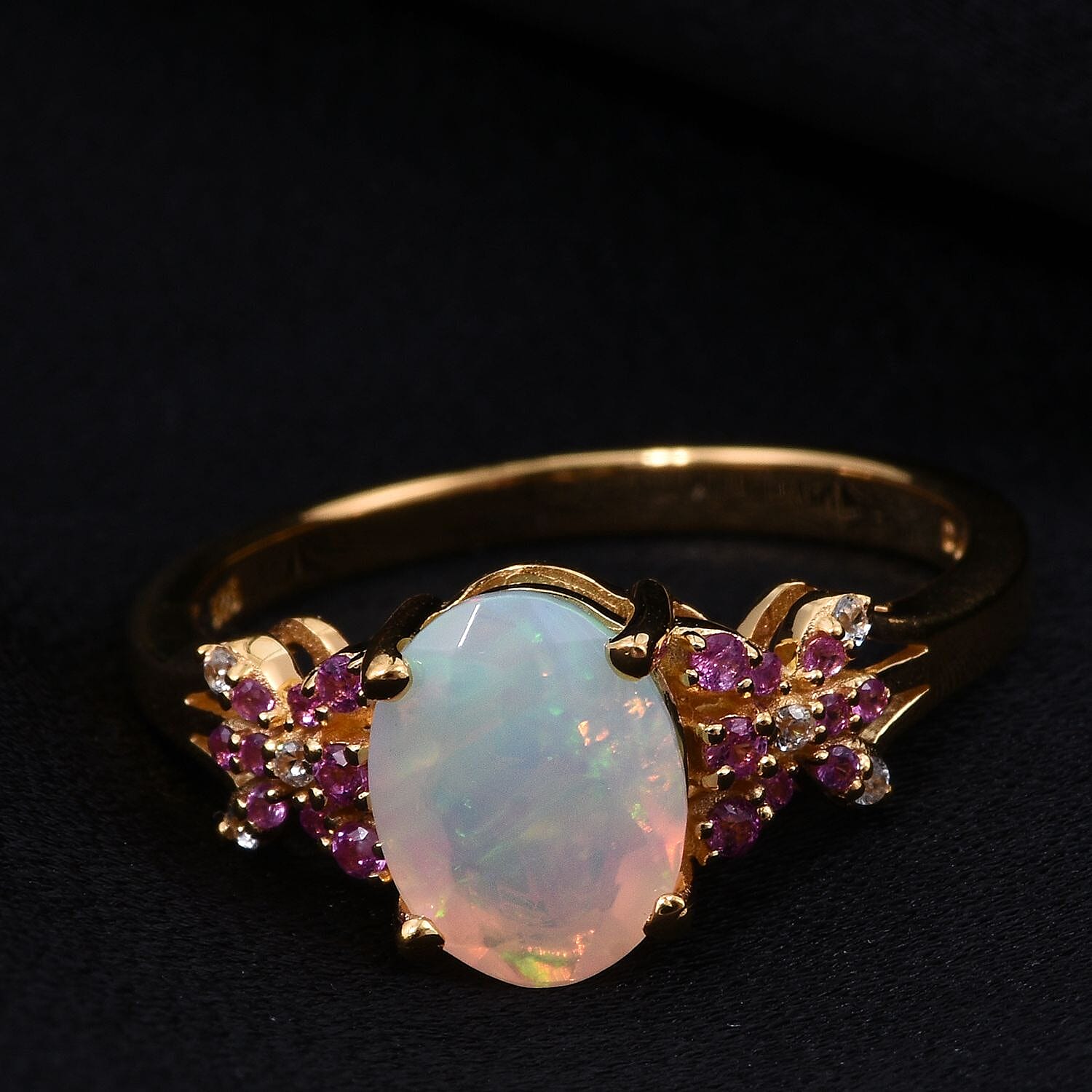 D'Joy Ethiopian Opal, Pink Sapphire & White Zircon Ring in 18K Yellow Gold Plating Sterling Silver 1.31 Ct.